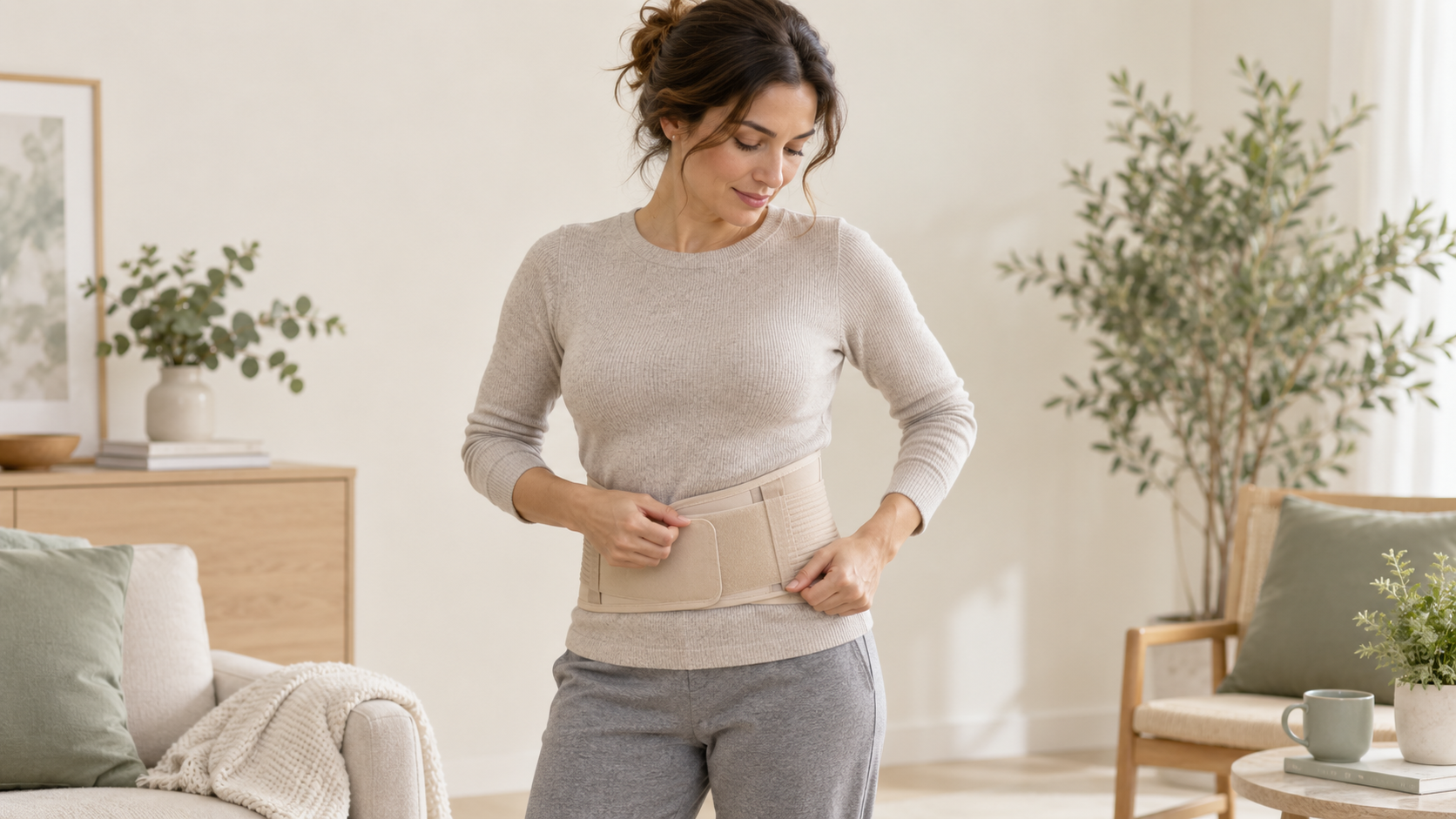 Persona ajustando una faja lumbar de apoyo sobre ropa cómoda en casa.